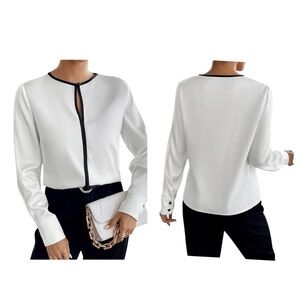 CALVIN KLEIN  White w/ Black Trim Long Sleeve Top Gold Button Cuff Business sz M